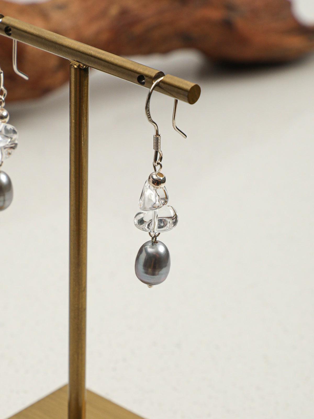 Minimalist Crystal Pearl Earrings — large sterling silver spring ear hook, crushed-ice clear quartz, grey rice pearls | SENLORE
