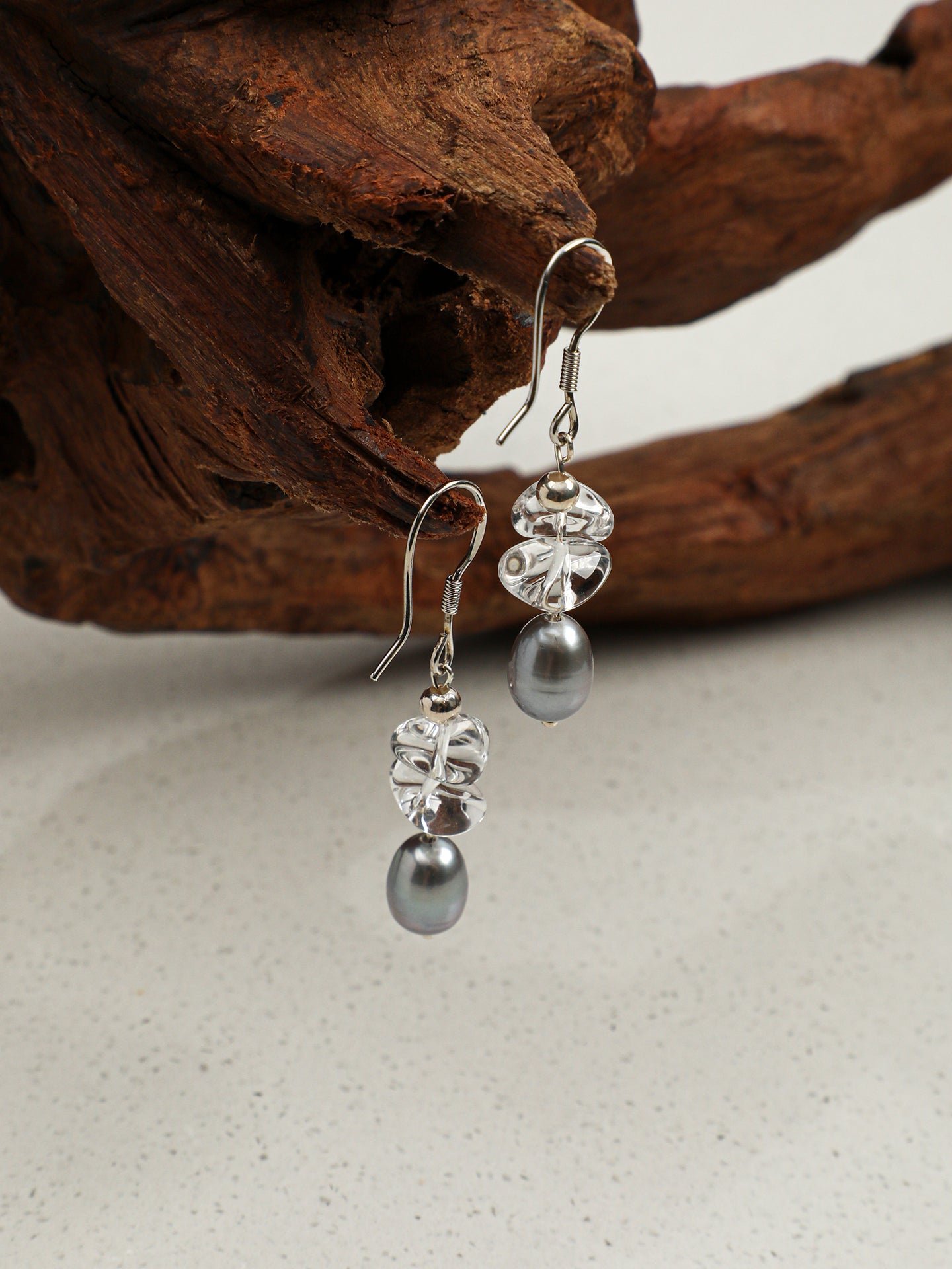 Minimalist Crystal Pearl Earrings — large sterling silver spring ear hook, crushed-ice clear quartz, grey rice pearls | SENLORE