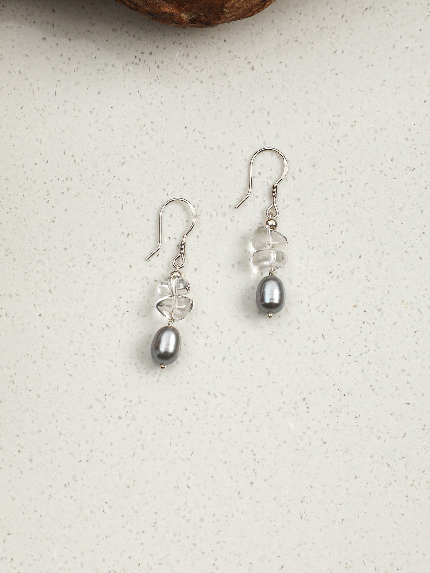 Minimalist Crystal Pearl Earrings — large sterling silver spring ear hook, crushed-ice clear quartz, grey rice pearls | SENLORE