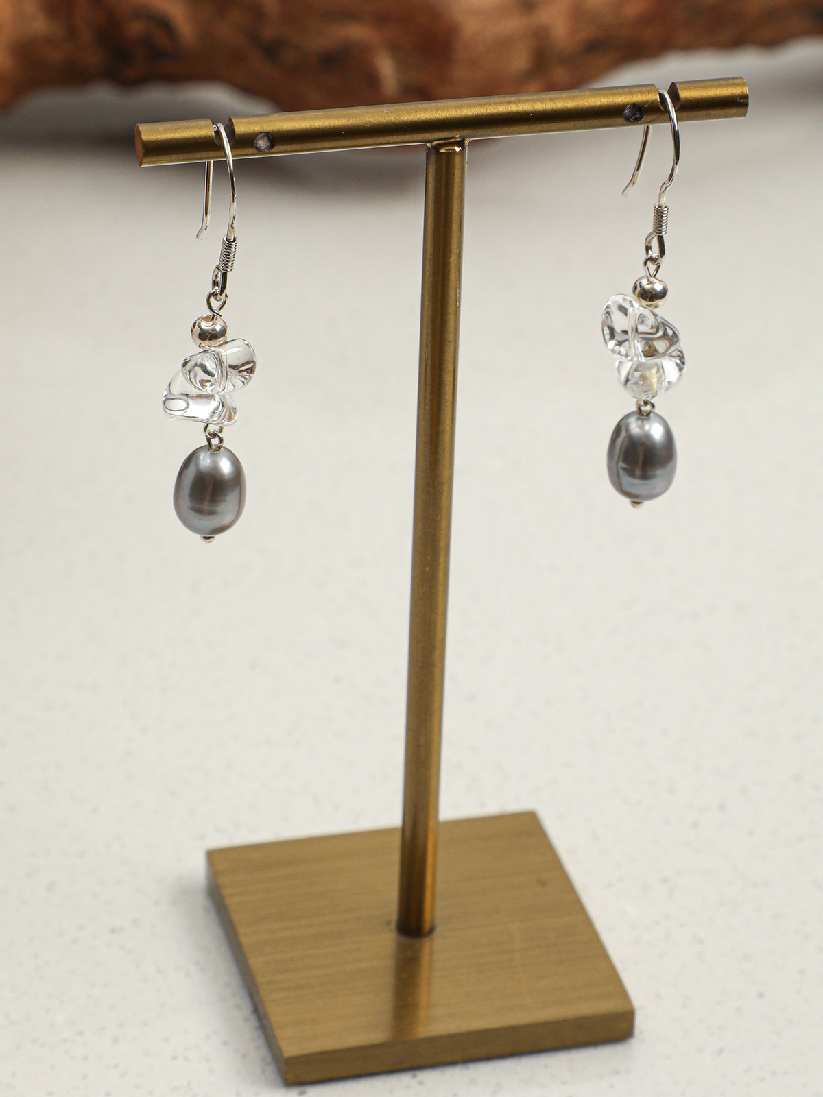 Minimalist Crystal Pearl Earrings — large sterling silver spring ear hook, crushed-ice clear quartz, grey rice pearls | SENLORE