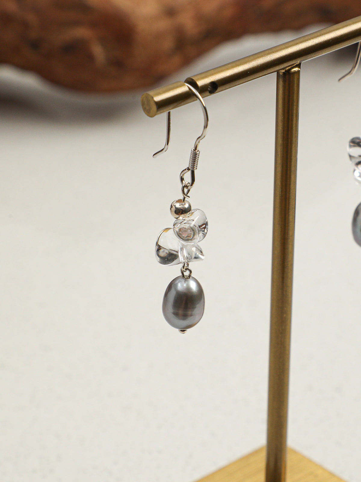Minimalist Crystal Pearl Earrings — large sterling silver spring ear hook, crushed-ice clear quartz, grey rice pearls | SENLORE