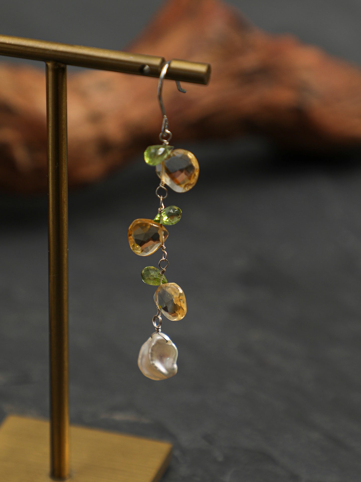 Citrine Teardrop Earrings — flat-teardrop Brazilian citrine, faceted peridot teardrop, petal bead | SENLORE