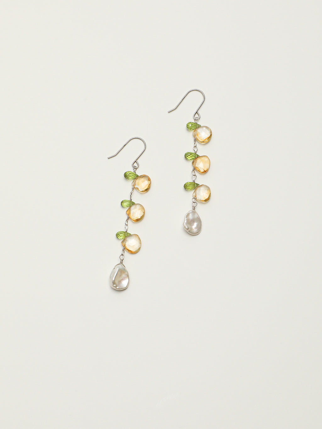 Citrine Teardrop Earrings — flat-teardrop Brazilian citrine, faceted peridot teardrop, petal bead | SENLORE