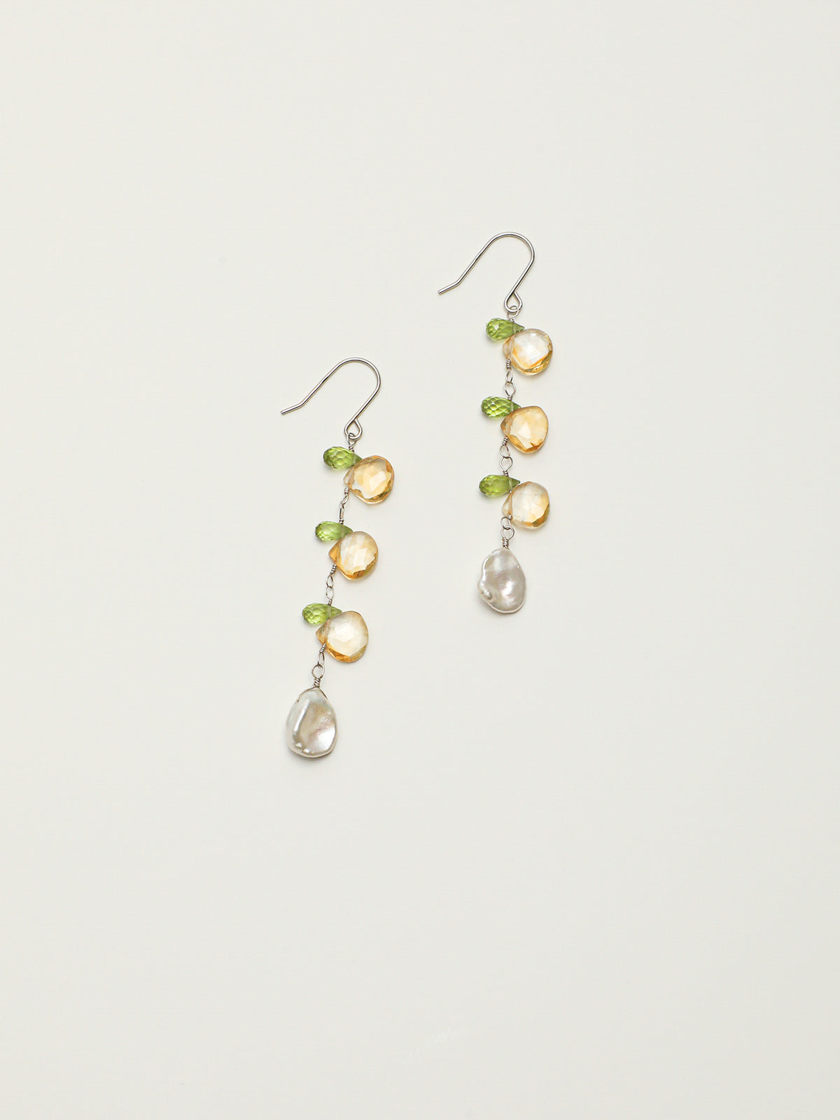 Citrine Teardrop Earrings — flat-teardrop Brazilian citrine, faceted peridot teardrop, petal bead | SENLORE