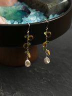 Citrine Teardrop Earrings — flat-teardrop Brazilian citrine, faceted peridot teardrop, petal bead | SENLORE