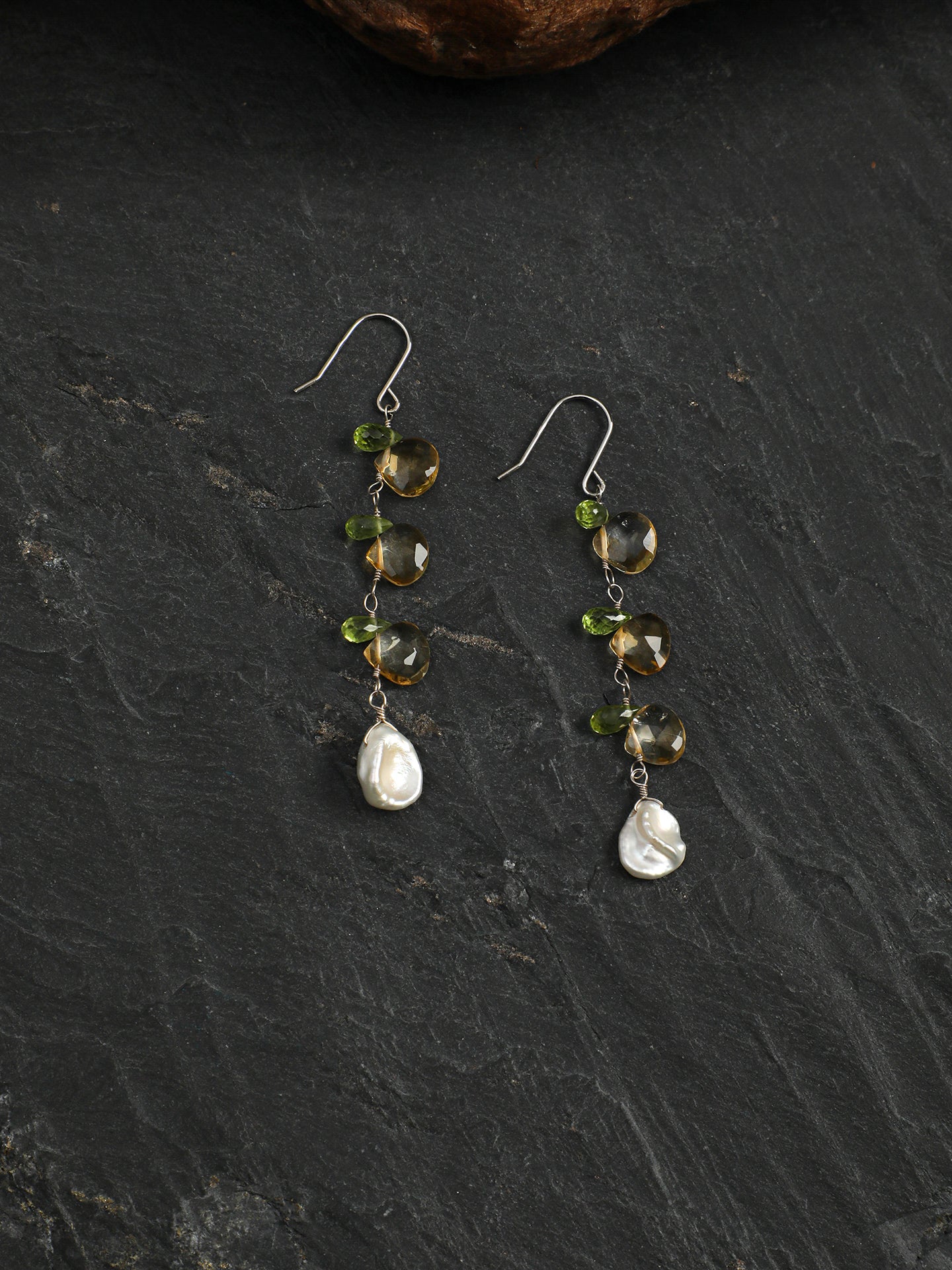 Citrine Teardrop Earrings — flat-teardrop Brazilian citrine, faceted peridot teardrop, petal bead | SENLORE