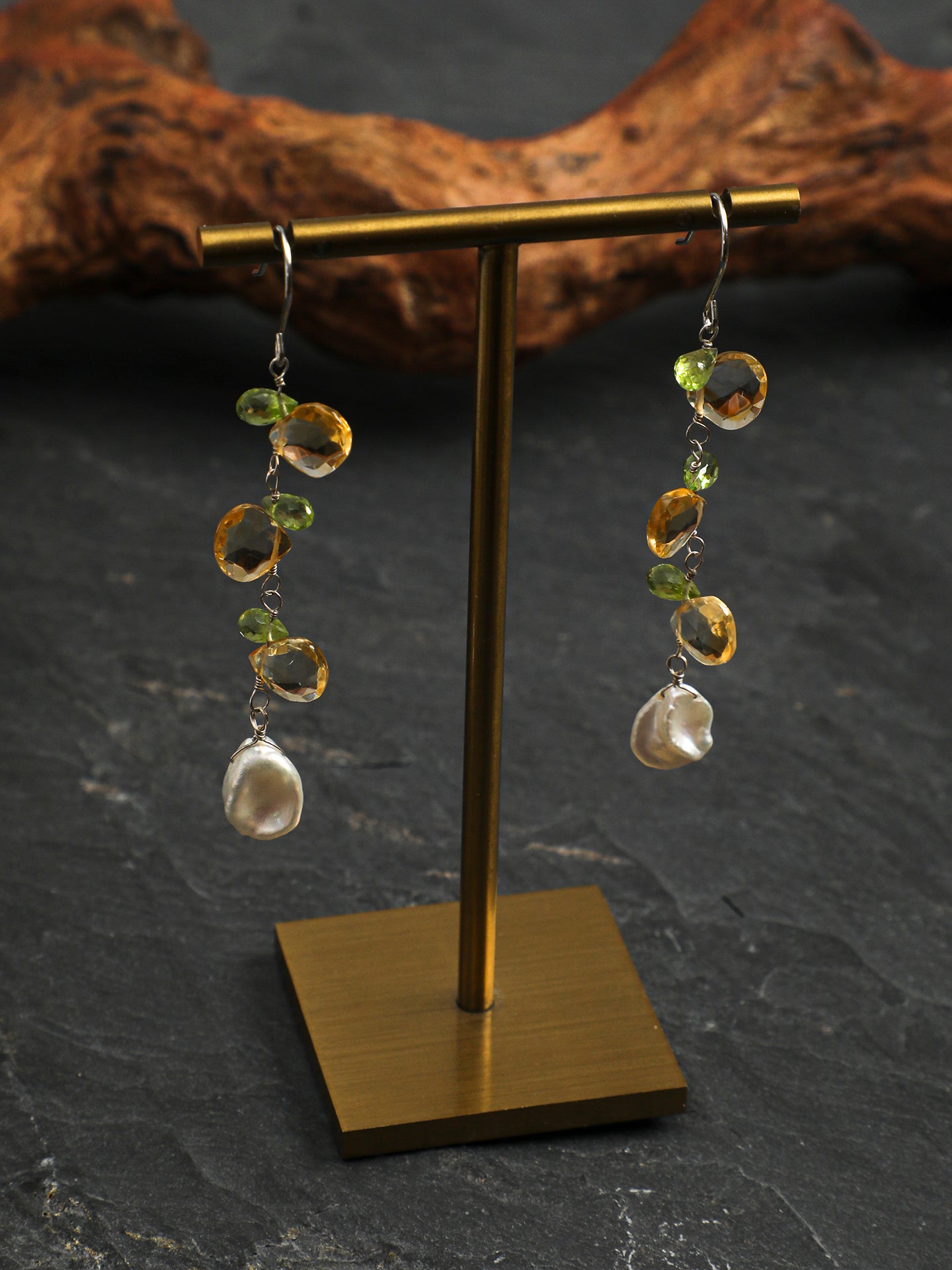 Citrine Teardrop Earrings — flat-teardrop Brazilian citrine, faceted peridot teardrop, petal bead | SENLORE