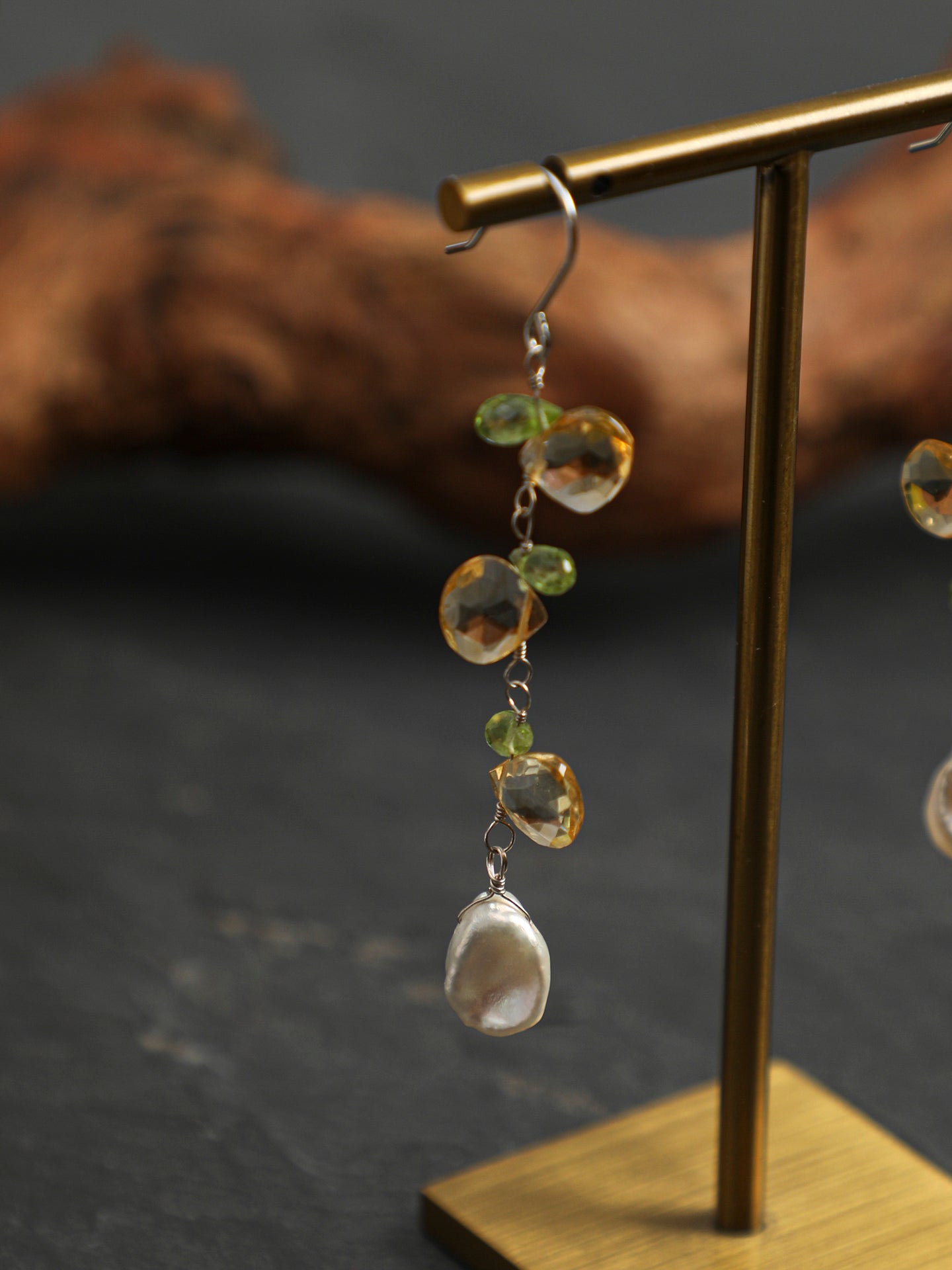 Citrine Teardrop Earrings — flat-teardrop Brazilian citrine, faceted peridot teardrop, petal bead | SENLORE
