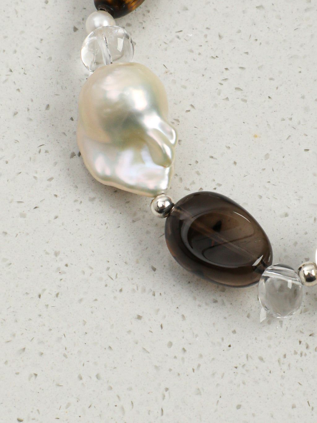 Teardrop Smoky Quartz Crystal Bracelet — dynamic teardrop smoky quartz, large baroque pearl, freeform clear quartz | SENLORE