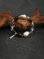 Teardrop Smoky Quartz Crystal Bracelet — dynamic teardrop smoky quartz, large baroque pearl, freeform clear quartz | SENLORE