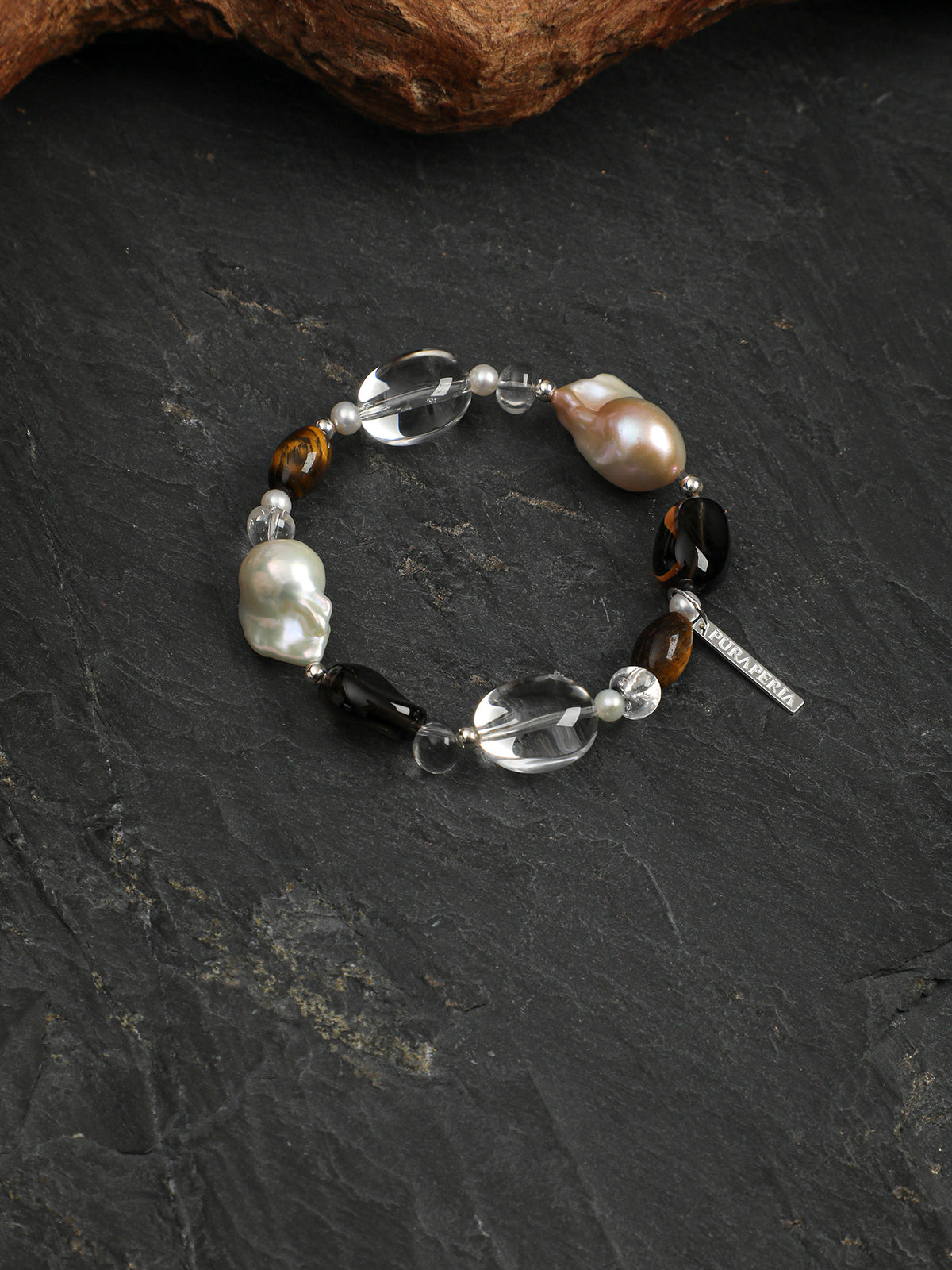 Teardrop Smoky Quartz Crystal Bracelet — dynamic teardrop smoky quartz, large baroque pearl, freeform clear quartz | SENLORE