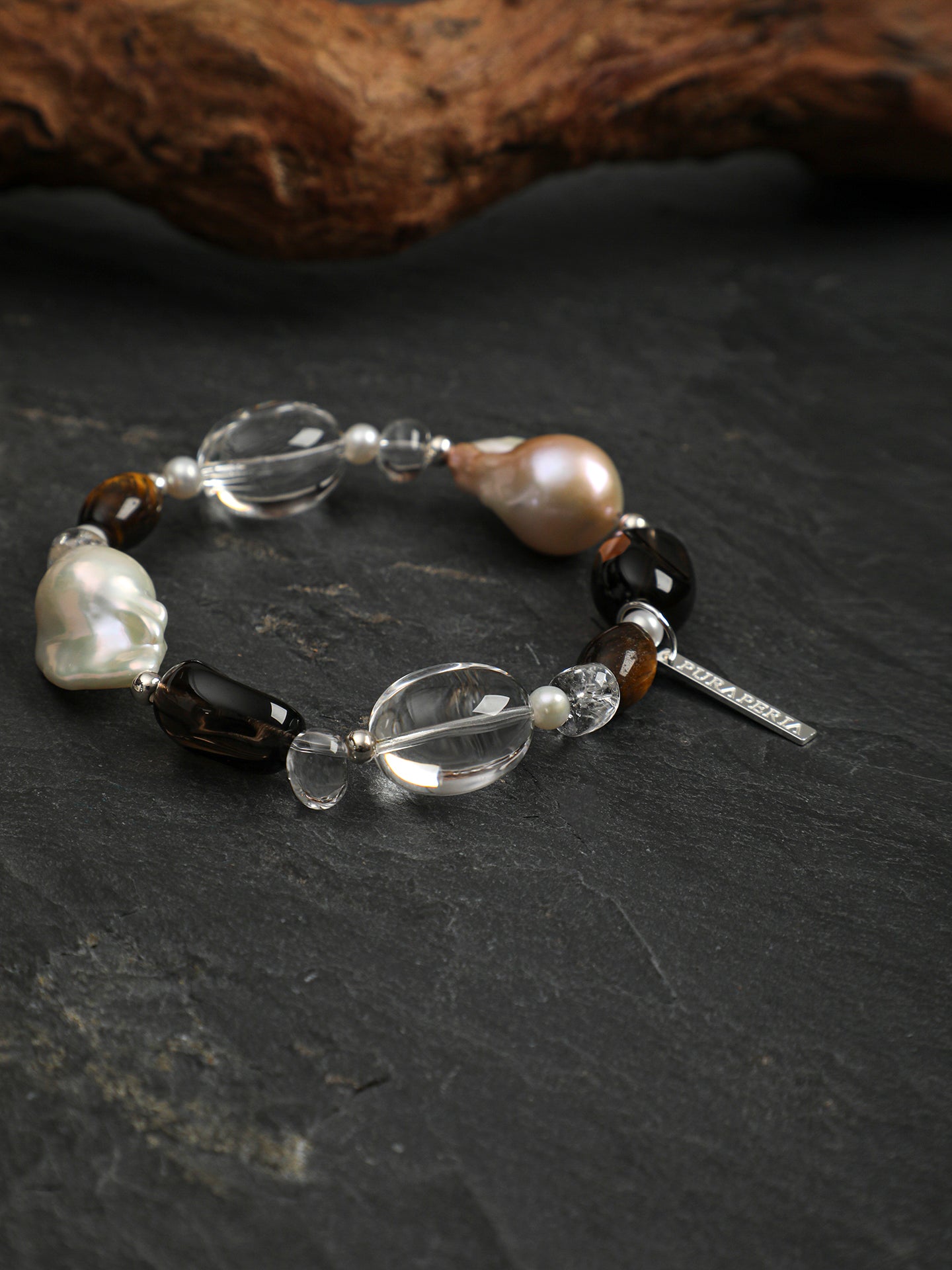 Teardrop Smoky Quartz Crystal Bracelet — dynamic teardrop smoky quartz, large baroque pearl, freeform clear quartz | SENLORE