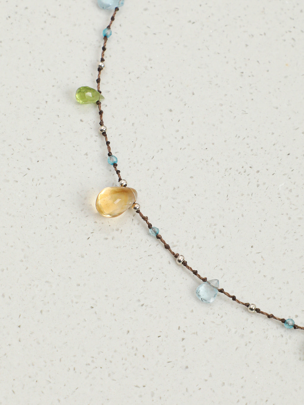 Iridescent Mood Necklace — faceted blue topaz teardrop, plump citrine teardrop, flat-cut green crystal teardrop | SENLORE