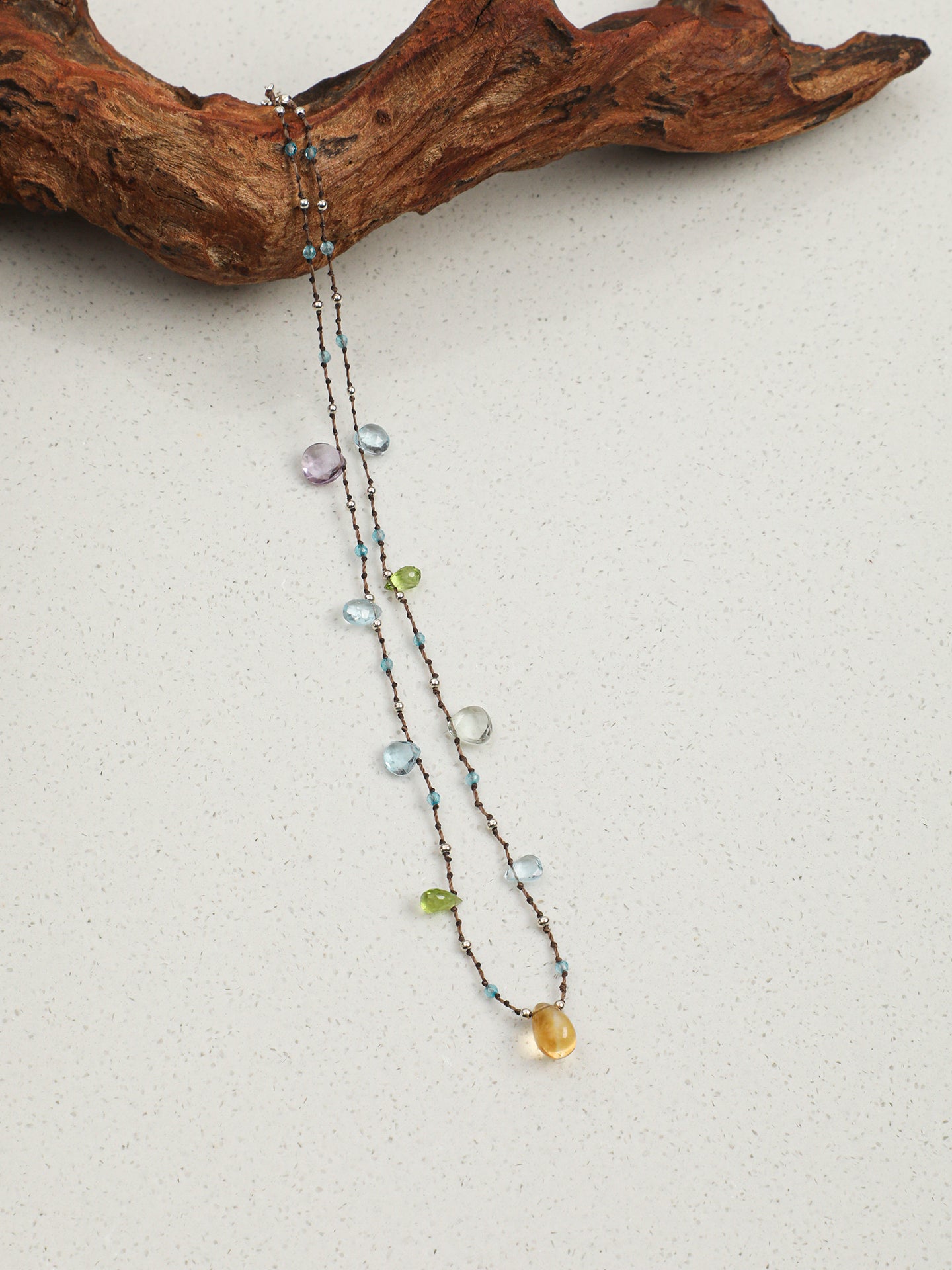 Iridescent Mood Necklace — faceted blue topaz teardrop, plump citrine teardrop, flat-cut green crystal teardrop | SENLORE