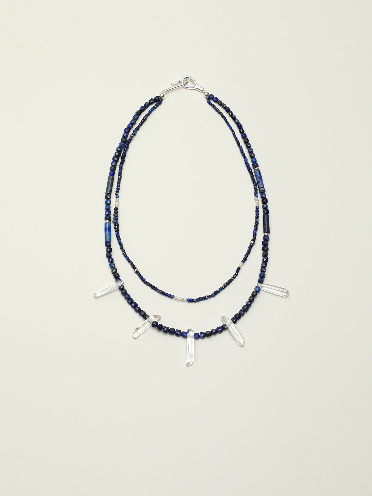 SENLORE Double-Layer Lapis Lazuli Clear Quartz Freeform Necklace – Detail Close-up