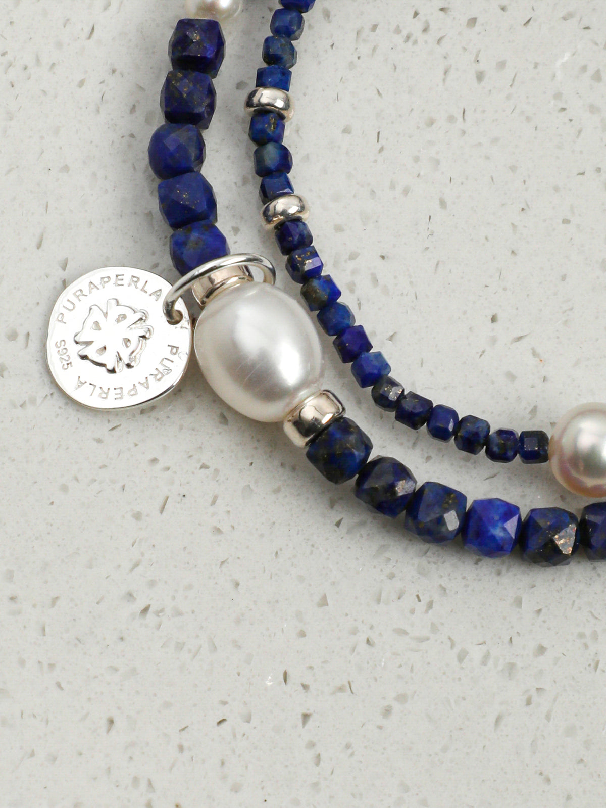 Double-Chain Lapis Lazuli Bracelet — lapis lazuli cube, small egg pearl, seed pearls | SENLORE