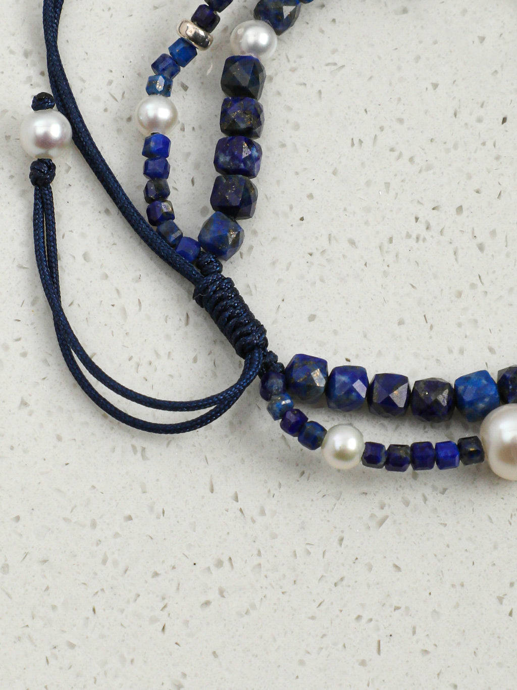 Double-Chain Lapis Lazuli Bracelet — lapis lazuli cube, small egg pearl, seed pearls | SENLORE