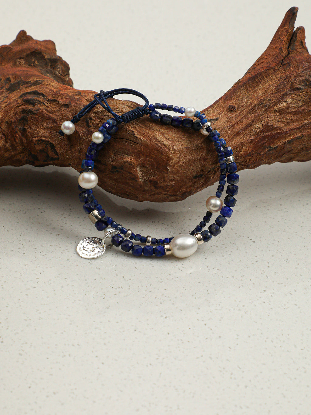 Double-Chain Lapis Lazuli Bracelet — lapis lazuli cube, small egg pearl, seed pearls | SENLORE