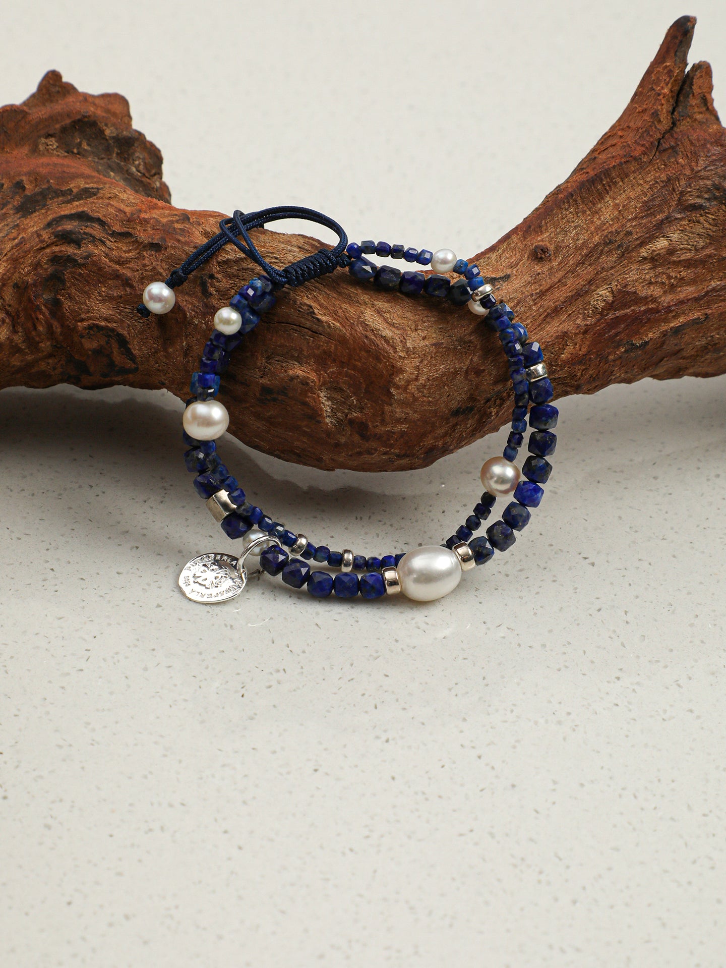Double-Chain Lapis Lazuli Bracelet — lapis lazuli cube, small egg pearl, seed pearls | SENLORE