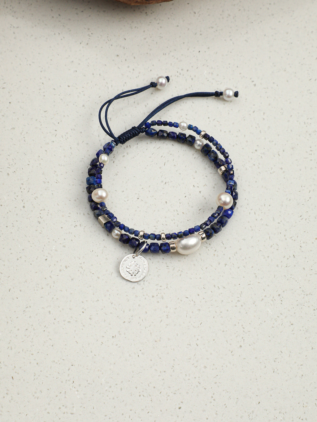 Double-Chain Lapis Lazuli Bracelet — lapis lazuli cube, small egg pearl, seed pearls | SENLORE