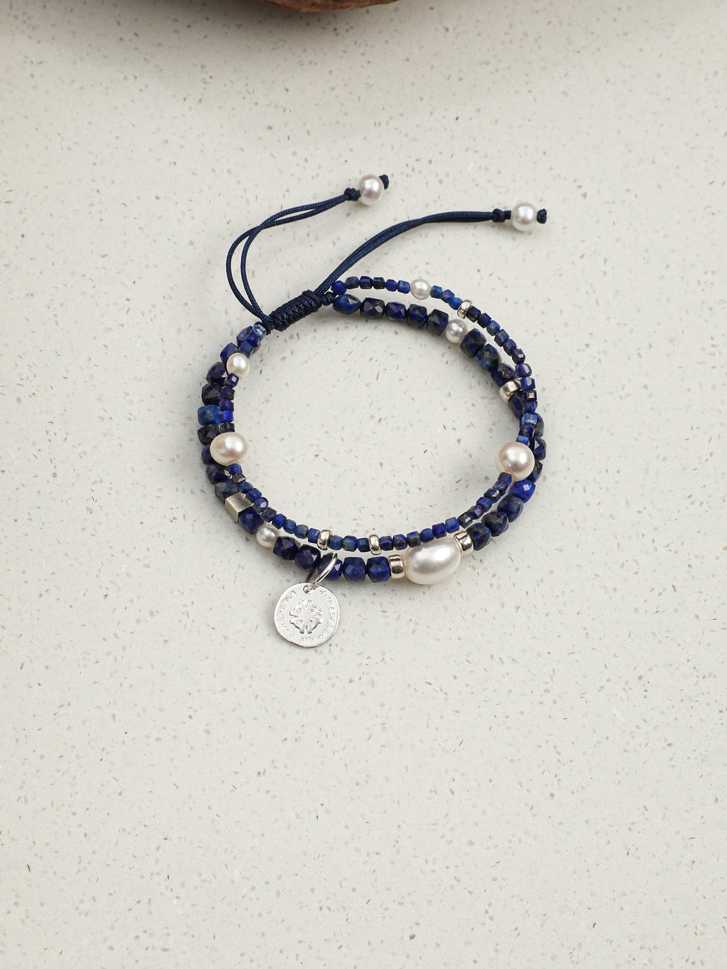 Double-Chain Lapis Lazuli Bracelet — lapis lazuli cube, small egg pearl, seed pearls | SENLORE