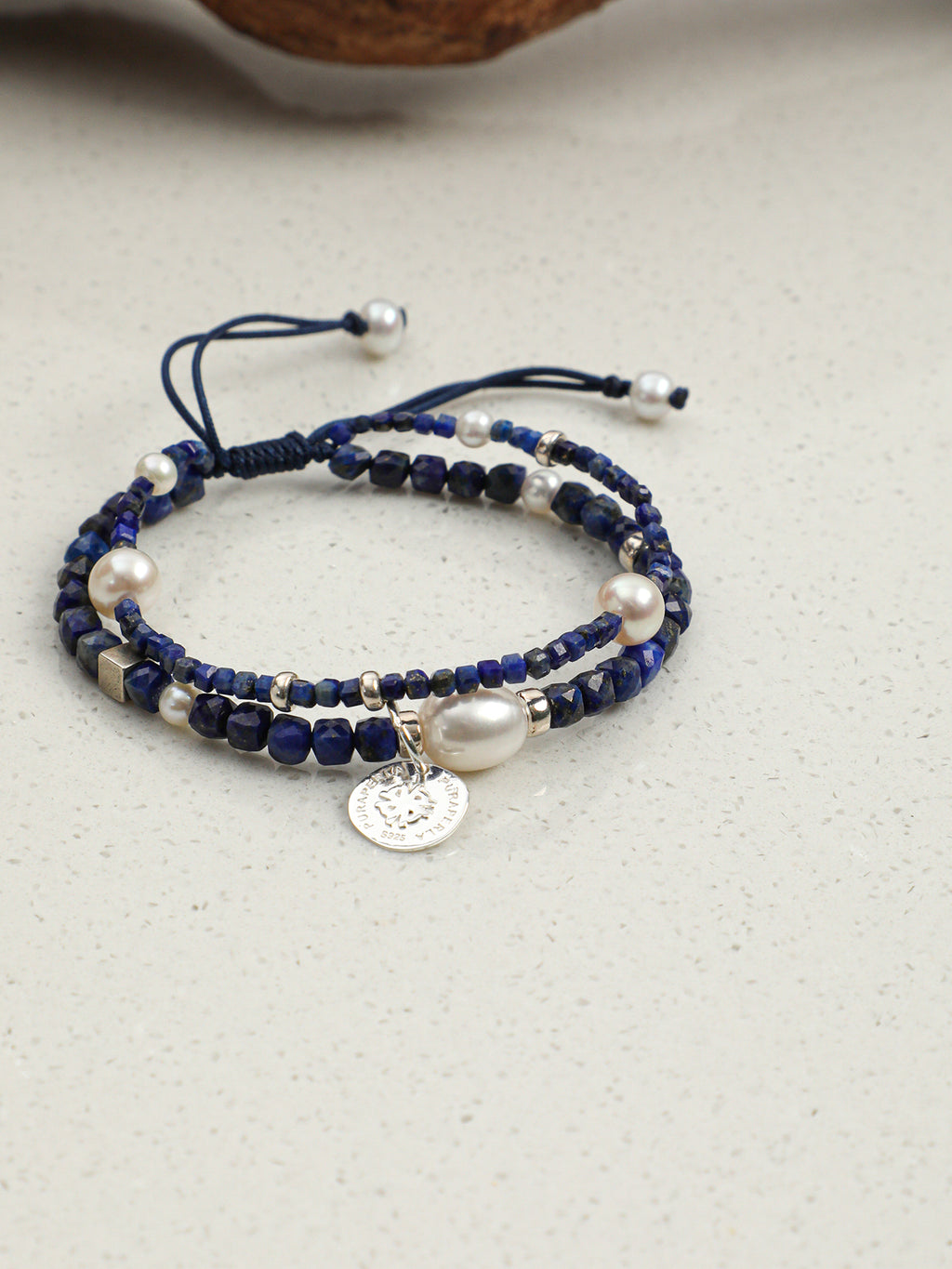 Double-Chain Lapis Lazuli Bracelet — lapis lazuli cube, small egg pearl, seed pearls | SENLORE