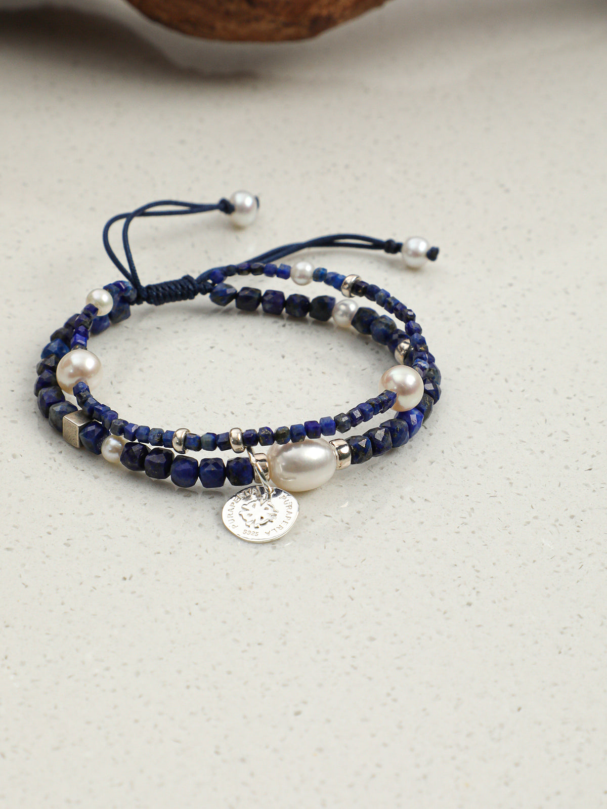 Double-Chain Lapis Lazuli Bracelet — lapis lazuli cube, small egg pearl, seed pearls | SENLORE