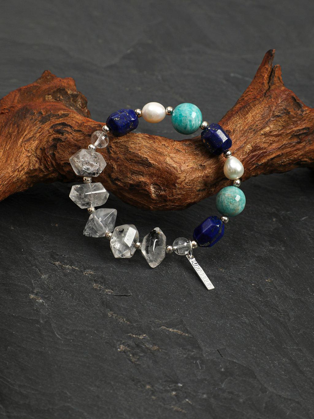 Black Galaxite Crystal Bracelet — double-point black galaxite, black galaxite round bead, freeform lapis lazuli | SENLORE