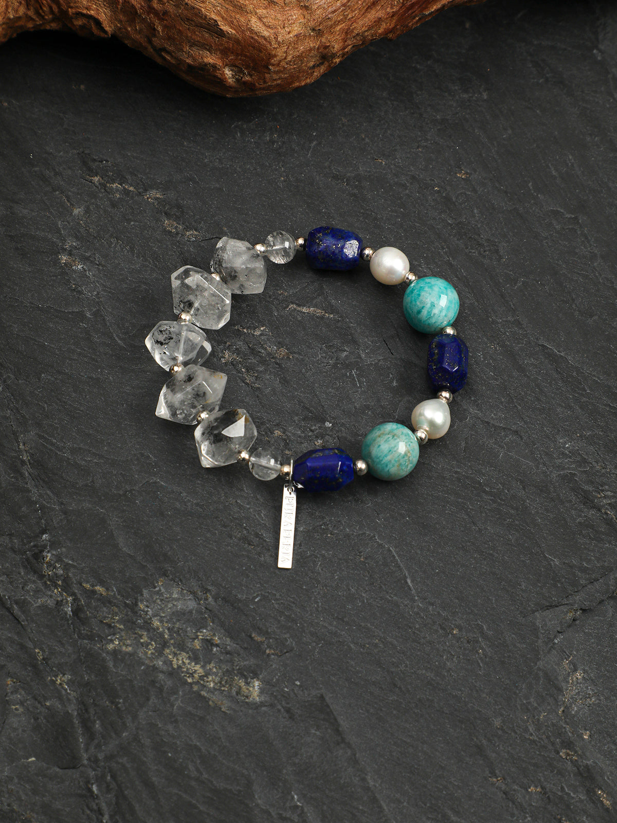 Black Galaxite Crystal Bracelet — double-point black galaxite, black galaxite round bead, freeform lapis lazuli | SENLORE