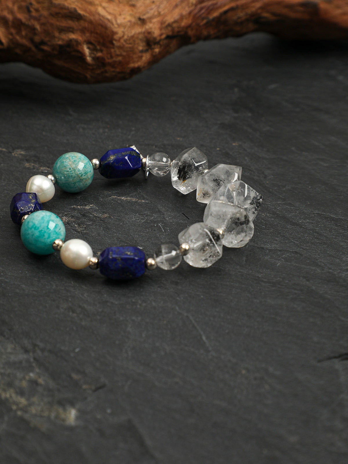 Black Galaxite Crystal Bracelet — double-point black galaxite, black galaxite round bead, freeform lapis lazuli | SENLORE