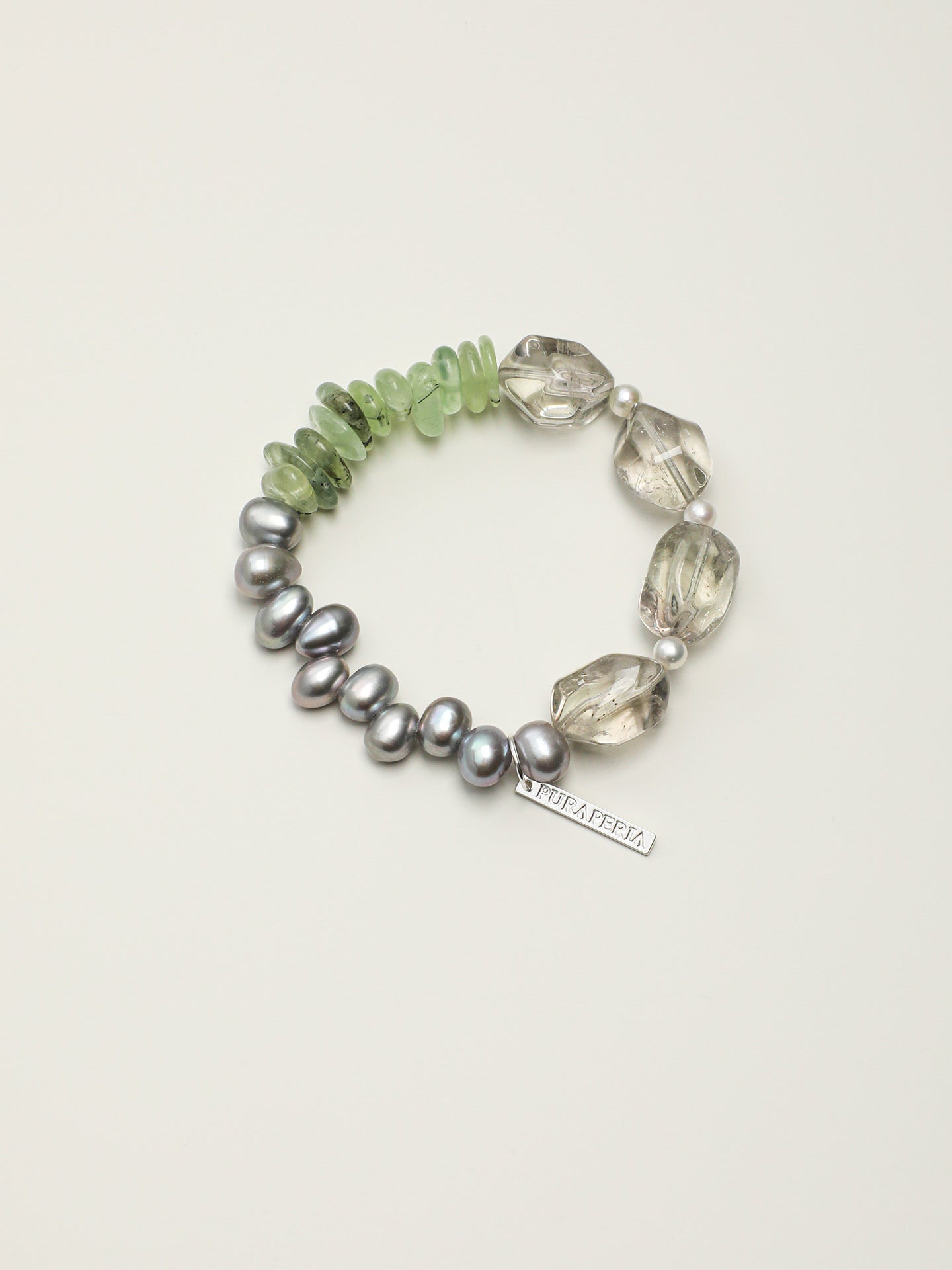 Grey Pearl Green Crystal Bracelet — freeform green crystal, grey rice pearls, prehnite chips | SENLORE