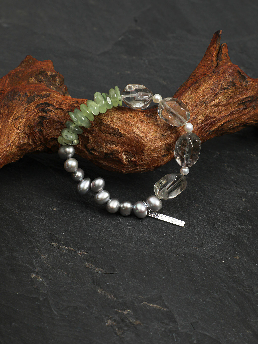 Grey Pearl Green Crystal Bracelet — freeform green crystal, grey rice pearls, prehnite chips | SENLORE