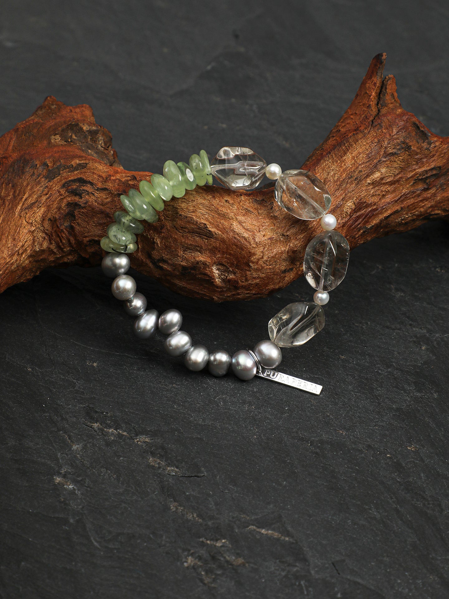 Grey Pearl Green Crystal Bracelet — freeform green crystal, grey rice pearls, prehnite chips | SENLORE