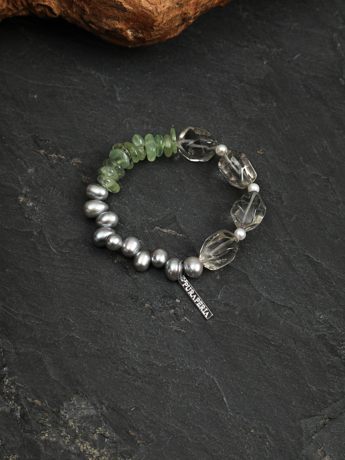 Grey Pearl Green Crystal Bracelet — freeform green crystal, grey rice pearls, prehnite chips | SENLORE