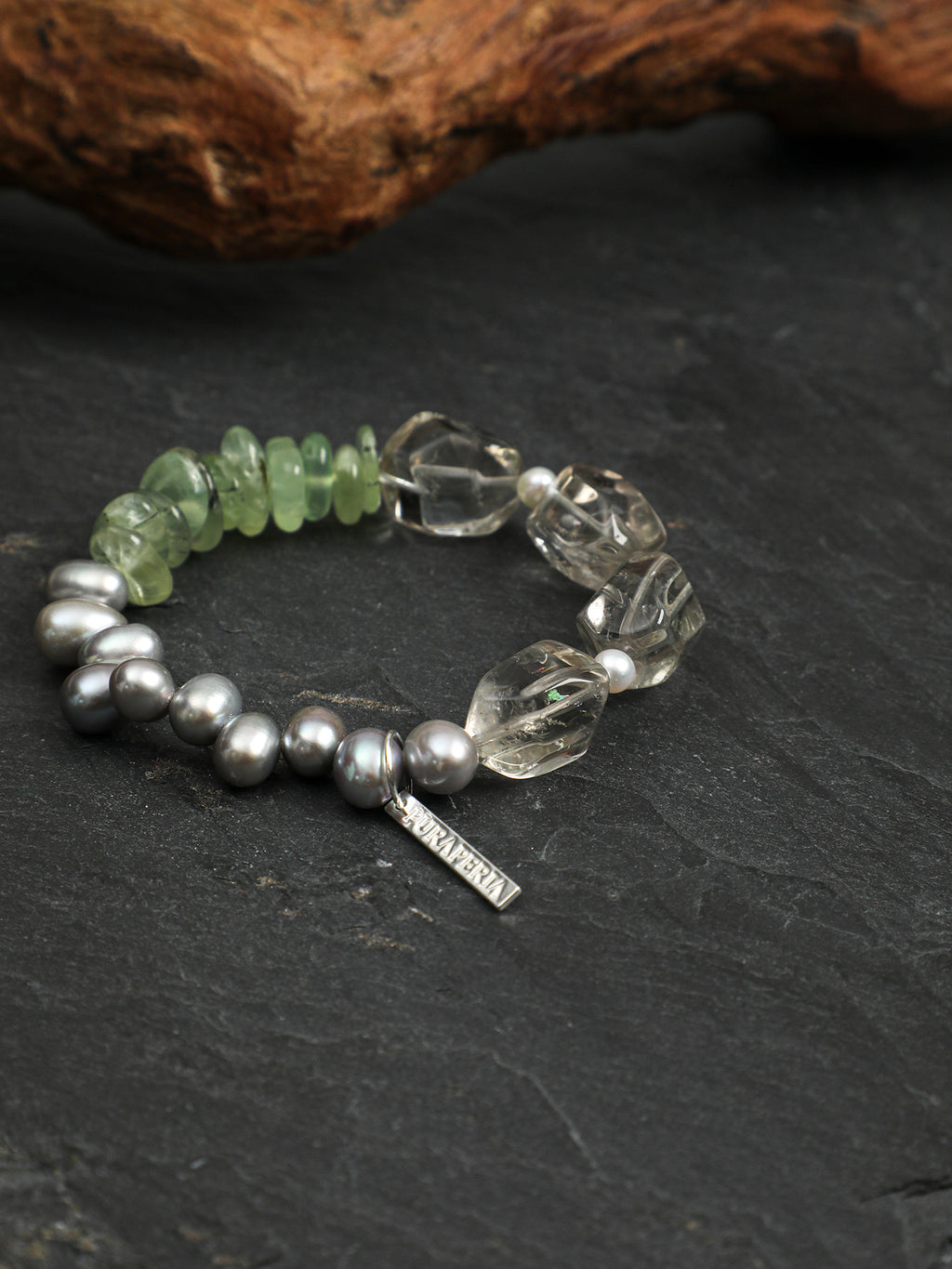 Grey Pearl Green Crystal Bracelet — freeform green crystal, grey rice pearls, prehnite chips | SENLORE
