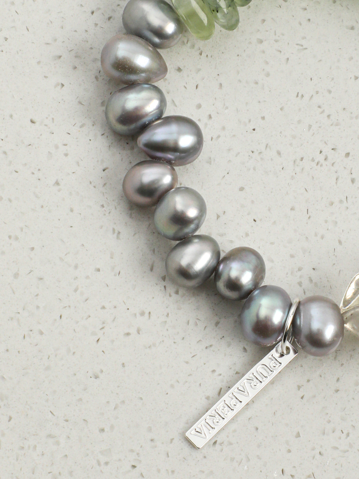 Grey Pearl Green Crystal Bracelet — freeform green crystal, grey rice pearls, prehnite chips | SENLORE