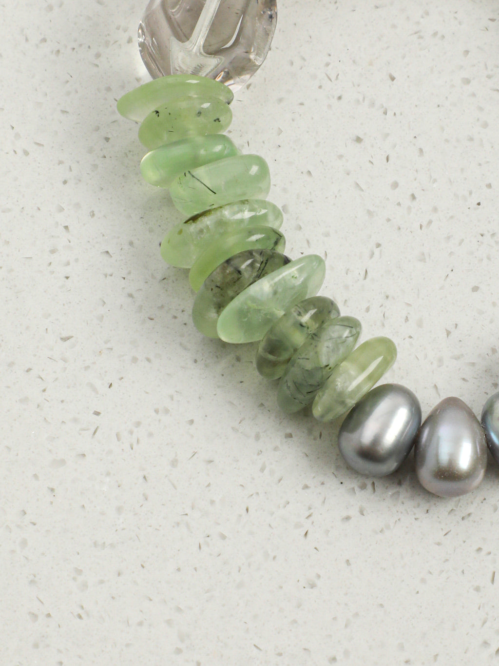 Grey Pearl Green Crystal Bracelet — freeform green crystal, grey rice pearls, prehnite chips | SENLORE