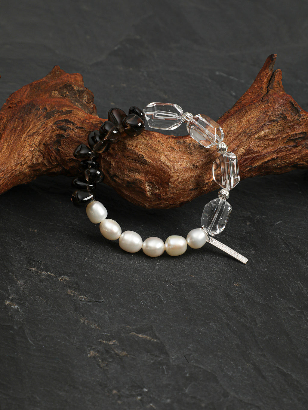 Smoky Quartz Pearl Crystal Bracelet — freeform double-point clear quartz, small freeform smoky quartz, white rice pearls | SENLORE