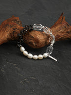 Smoky Quartz Pearl Crystal Bracelet — freeform double-point clear quartz, small freeform smoky quartz, white rice pearls | SENLORE
