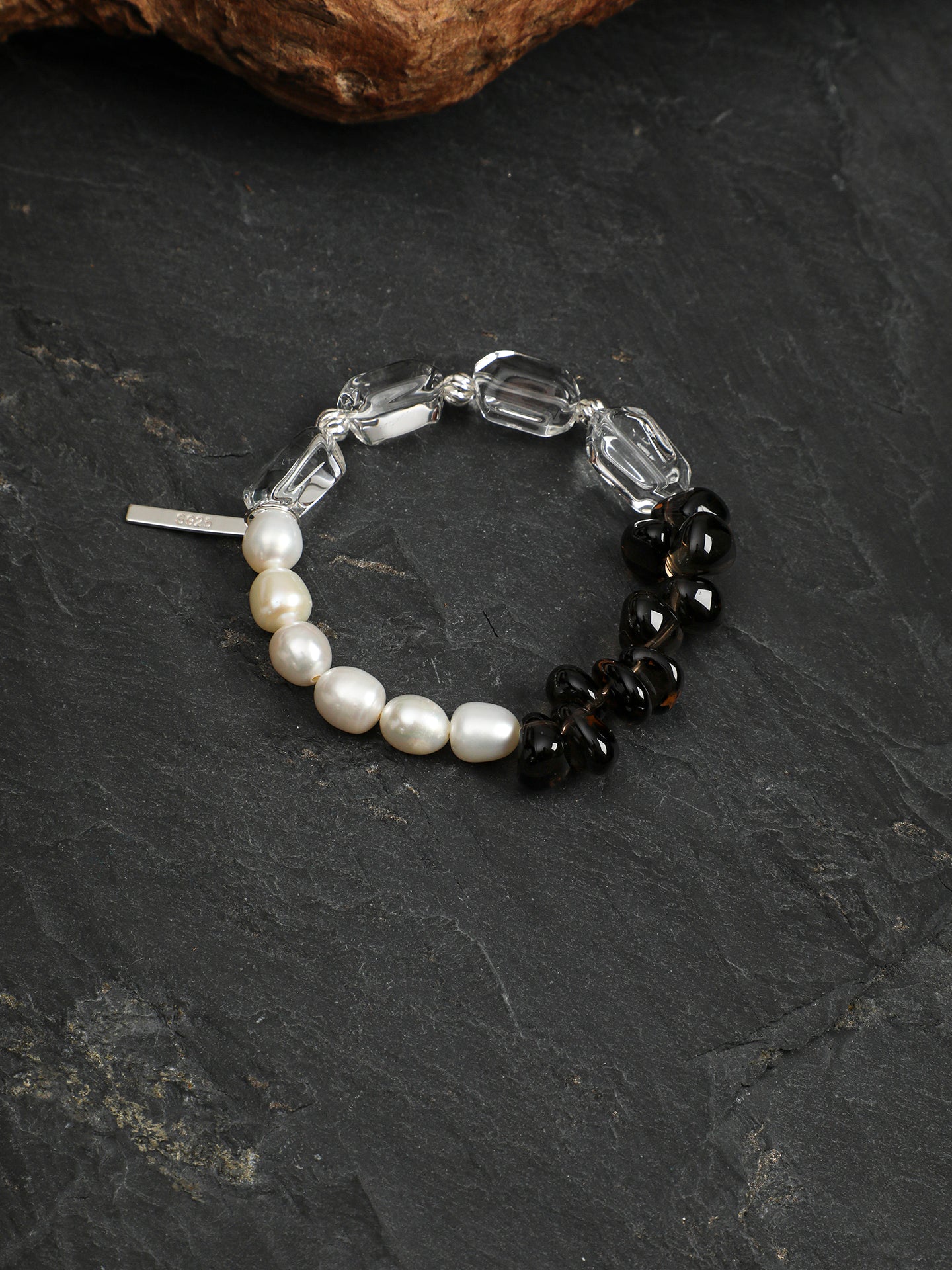 Smoky Quartz Pearl Crystal Bracelet — freeform double-point clear quartz, small freeform smoky quartz, white rice pearls | SENLORE