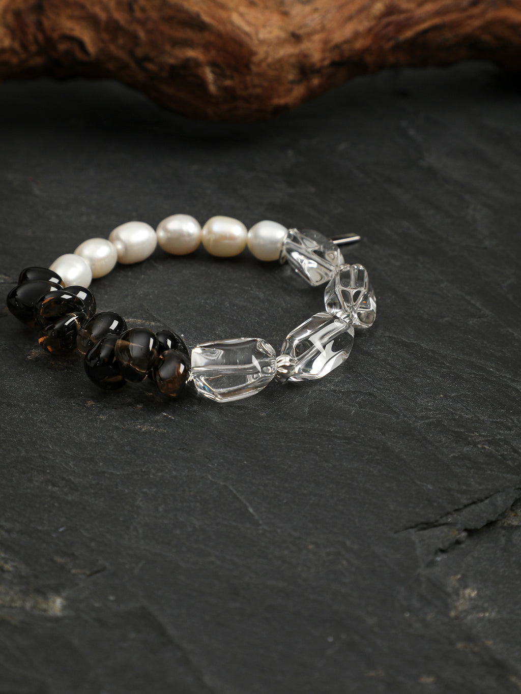 Smoky Quartz Pearl Crystal Bracelet — freeform double-point clear quartz, small freeform smoky quartz, white rice pearls | SENLORE
