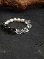 Smoky Quartz Pearl Crystal Bracelet — freeform double-point clear quartz, small freeform smoky quartz, white rice pearls | SENLORE