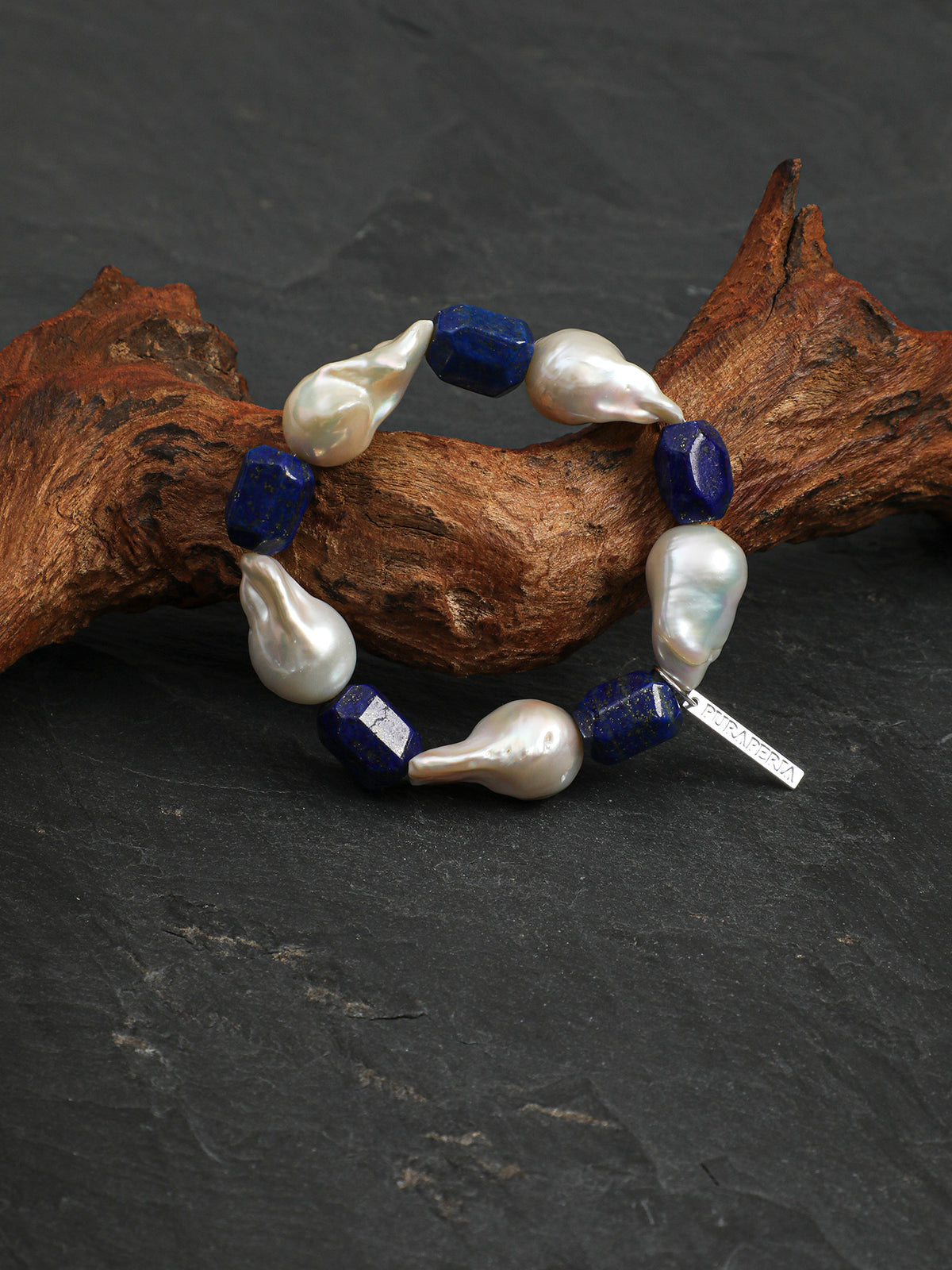 Large Baroque Lapis Lazuli Bracelet — large baroque pearl, freeform lapis lazuli, sterling silver logo charm | SENLORE