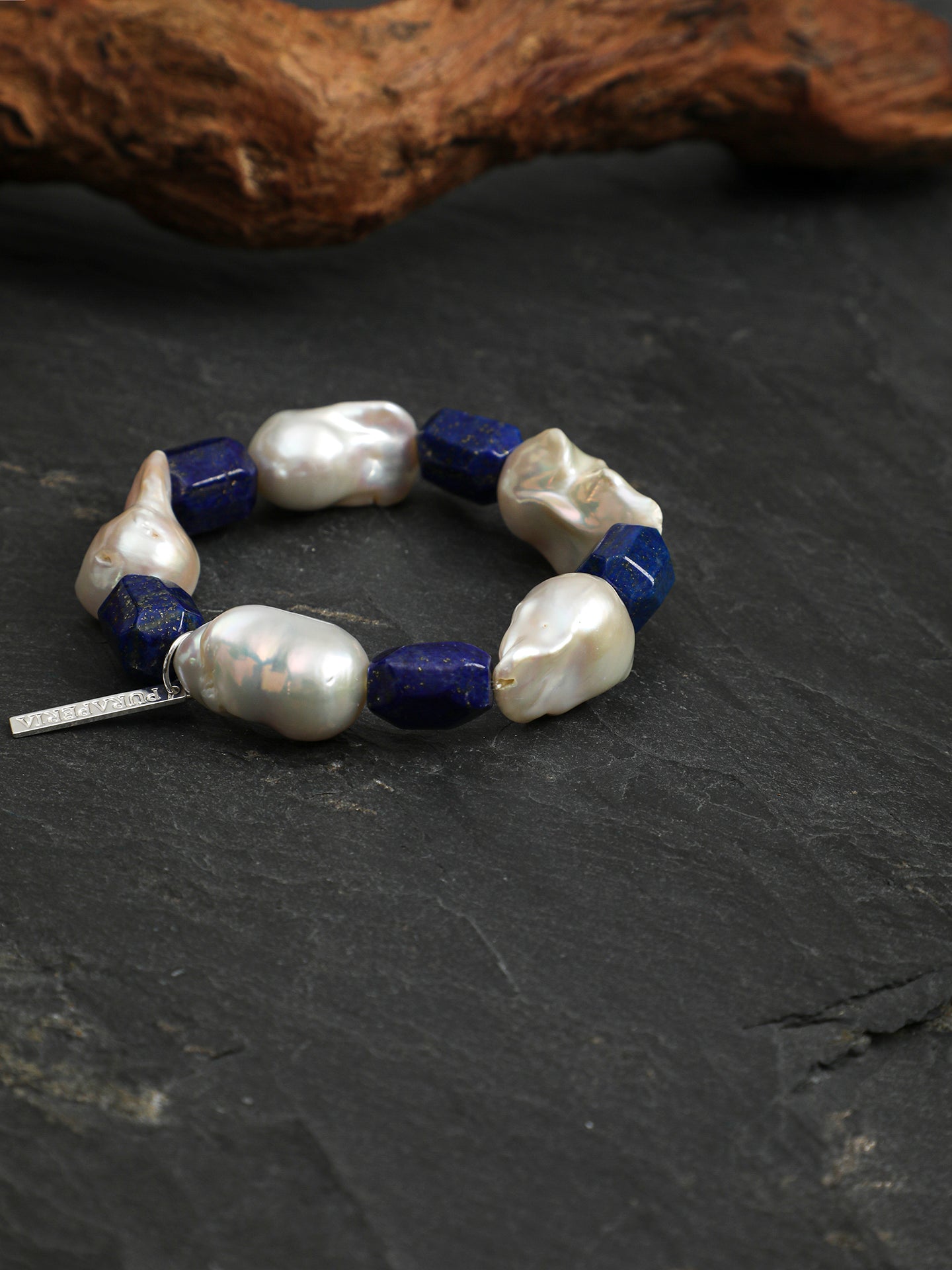 Large Baroque Lapis Lazuli Bracelet — large baroque pearl, freeform lapis lazuli, sterling silver logo charm | SENLORE