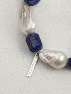 Large Baroque Lapis Lazuli Bracelet — large baroque pearl, freeform lapis lazuli, sterling silver logo charm | SENLORE