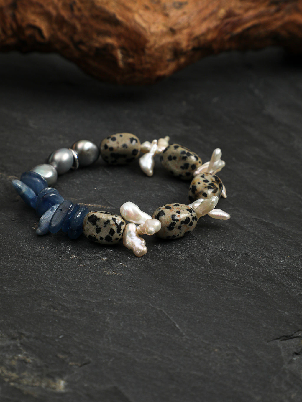 Baroque Speckled Freeform Bracelet — speckled freeform stone, grey baroque pearl, long-tusk baroque pearl | SENLORE