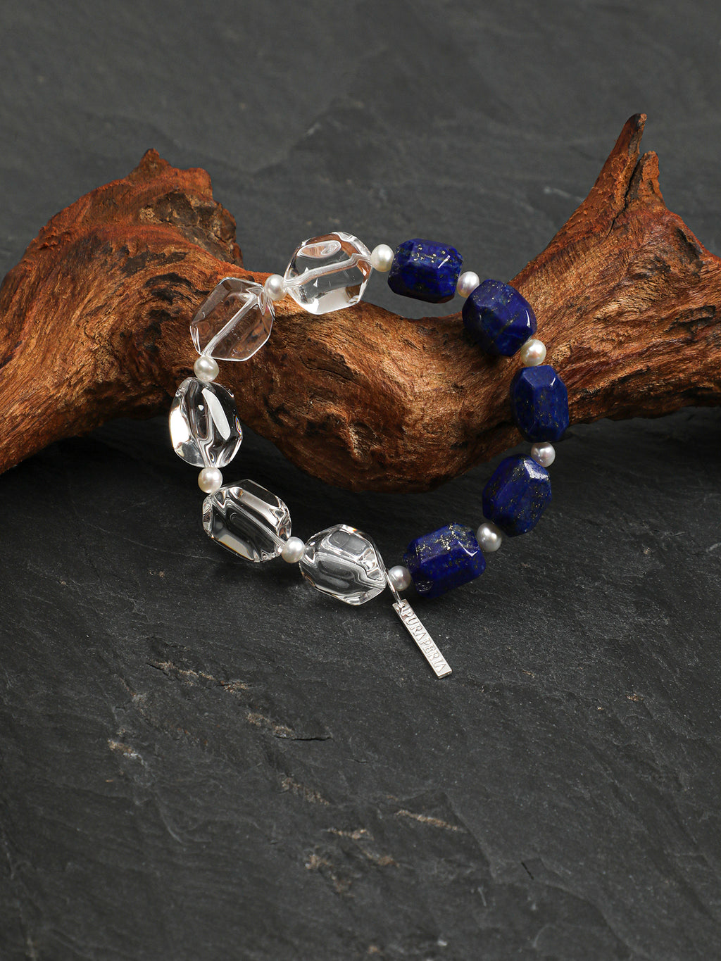Lapis Lazuli Crystal Bracelet — freeform lapis lazuli, freeform double-point clear quartz, seed pearls | SENLORE