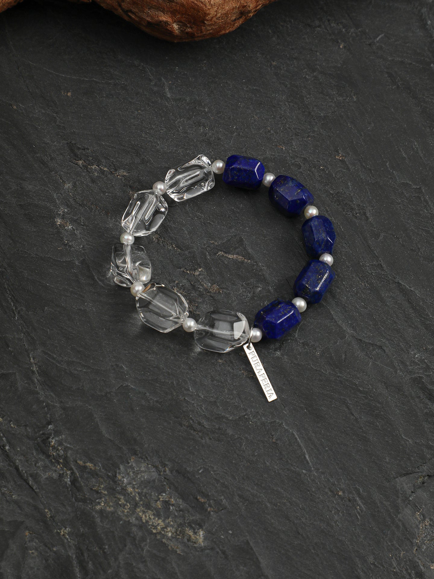 Lapis Lazuli Crystal Bracelet — freeform lapis lazuli, freeform double-point clear quartz, seed pearls | SENLORE