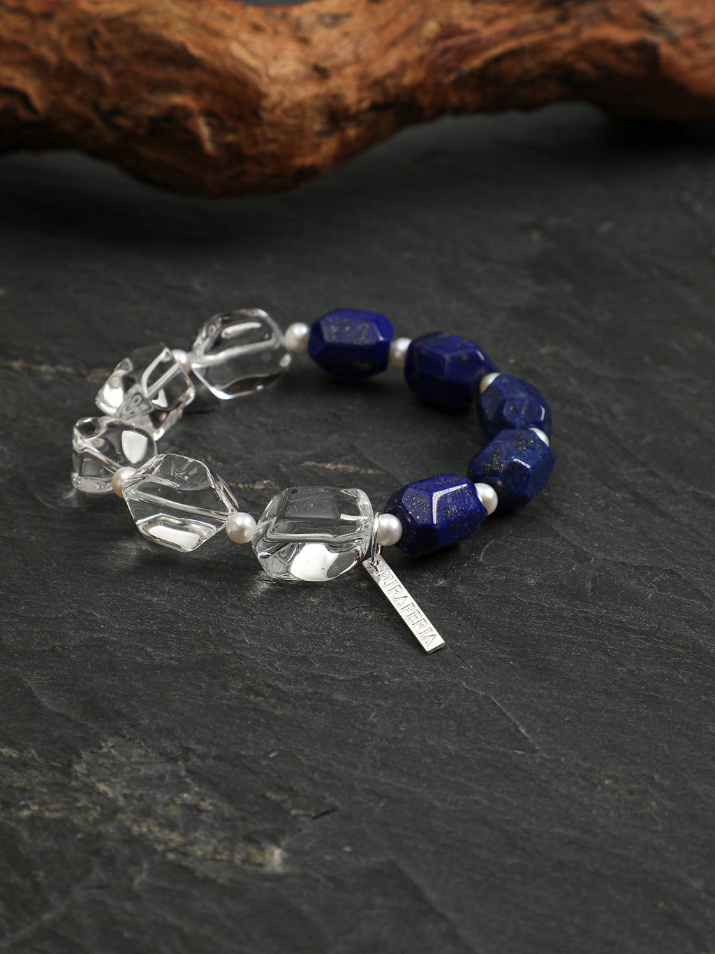 Lapis Lazuli Crystal Bracelet — freeform lapis lazuli, freeform double-point clear quartz, seed pearls | SENLORE