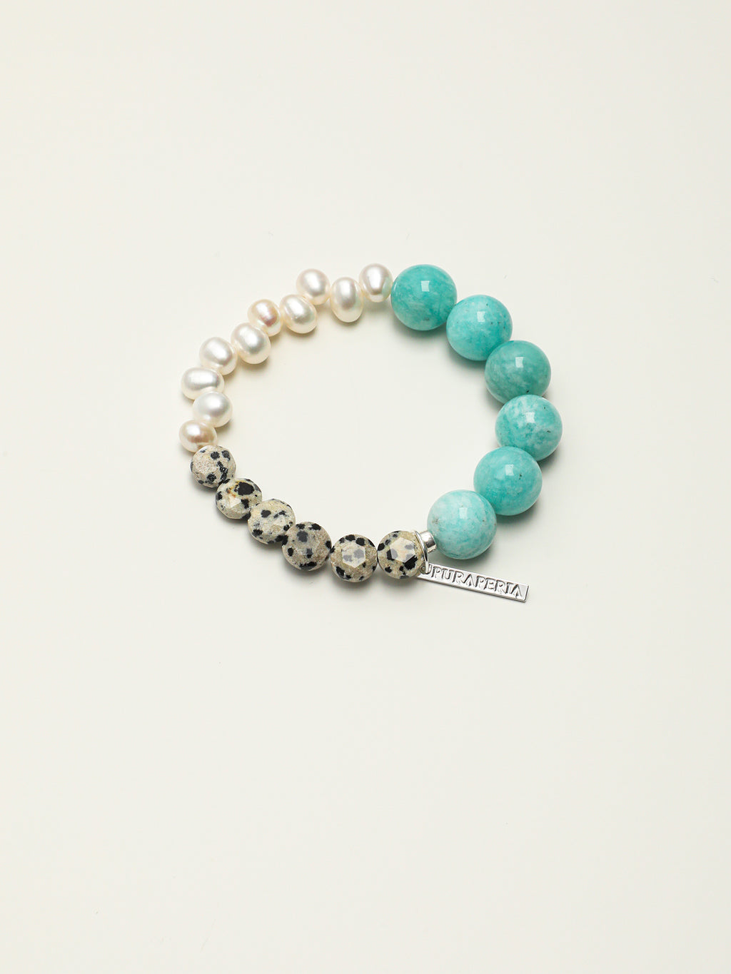 Blue Speckled Stone Bracelet — amazonite round bead, seedless rice pearls, speckled round disc | SENLORE